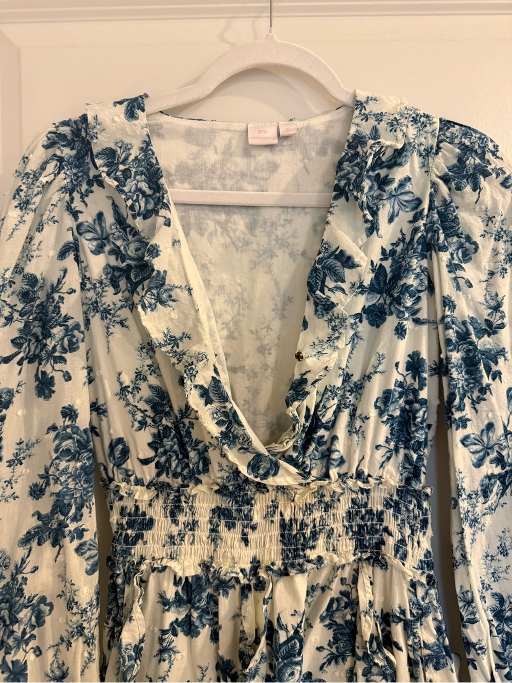 Gap x LoveShackFancy Blue Floral Ruffle Long Sleeve Mini Dress - Picture 7 of 10
